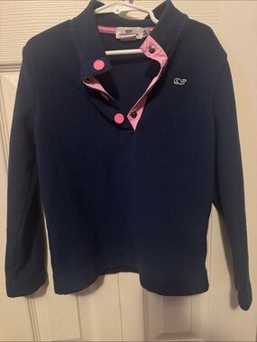 Vineyard Vines Navy Fleece Pullover with Pink Trim